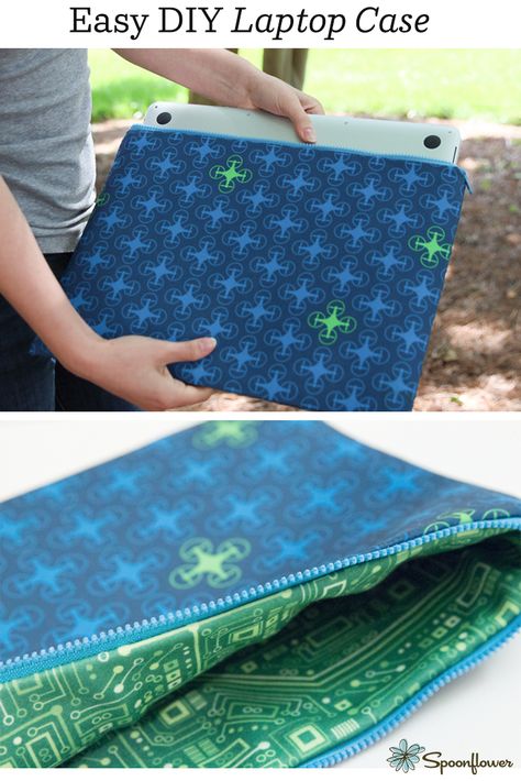 Woman holding fleece laptop case with circuit board print Laptop Sewing Pattern, Laptop Sleeve Pattern, How To Make A Laptop Case, Laptop Cover Diy, Laptop Case Sewing Pattern, Laptop Case Diy, Sewing Laptop Case, Laptop Sleeve Sewing Pattern, Laptop Case Sewing