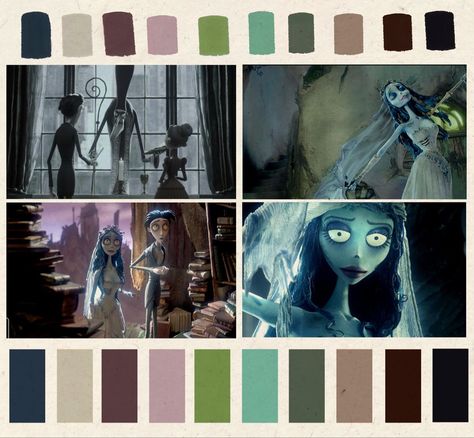 Cool vibrant dark color palette for the Tim Burton movie Corpse Bride johnny depp timburton zombie goth cinematography color colour colorpallete The Corpse Bride Color Palette, Tim Burton Color Scheme, Corpse Bride Colors, Corpse Bride Color Scheme, Tim Burton Colour Palette, Halloween Colour Scheme, 15 Color Palette, Tim Burton Moodboard, Tim Burton Color Palette