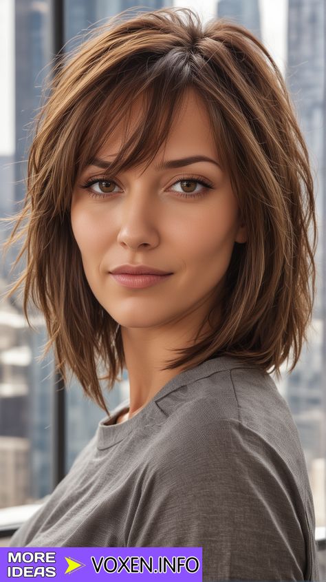 Layered Short Hair With Side Bangs, Face Frame Side Part, Below Chin Length Hair With Layers, Hair With Face Framing, Oval Face Hair Styles Women, Layered Bob Hairstyles Curly Hair, Short Hair With Swoop Bangs, Medium Short Hairstyle Women Round Face Layers, Short Round Face Hairstyles