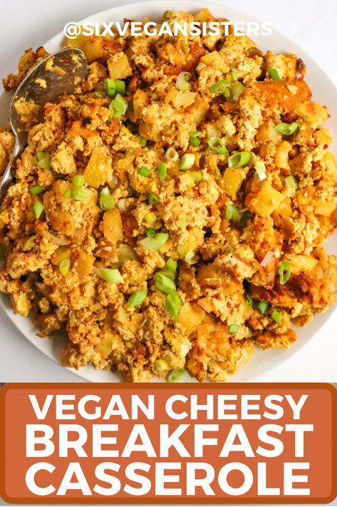 This loaded breakfast casserole is beyond delicious! Tofu scramble, potatoes, and vegan cheese are just a few of the delicious components of this dish. #vegan #vegetarian #recipe #veganrecipes #brunch #sixvegansisters Loaded Breakfast Casserole, Six Vegan Sisters, Tofu And Veggies, Cheesy Breakfast Casserole, Easy Vegan Breakfast, Cheesy Breakfast, Vegan Breakfast Casserole, Vegan Pumpkin Spice, Vegan Breakfast Easy