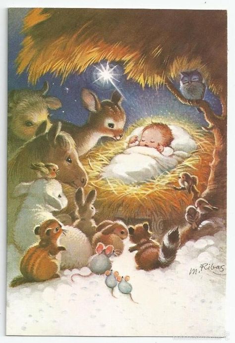 동화 삽화, Christmas Scenery, Vintage Christmas Images, Christmas Jesus, Vintage Deer, Christmas Nativity Scene, Christmas Drawing, Christmas Scenes, Christmas Nativity