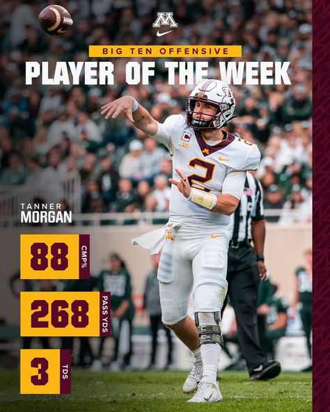 Tanner Morgan Player of the week graphic Football Stats Graphic, Stats Graphic Design, Football Stats Design, Player Of The Year Graphic, Game Week Graphic, Sports Stats Graphics, Player Of The Week Graphic, Player Stats Design, Matchday Graphic