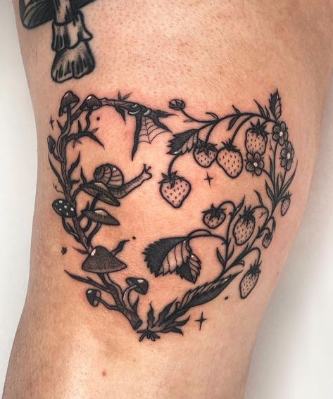 Around The Knee Mushroom Tattoo, Mushroom And Strawberry Art, Mushroom Head Woman Tattoo, Strawberry And Bee Tattoo, Heart On Knee Tattoo, Flowers Heart Tattoo, Matching Strawberry Tattoo, Mushroom Heart Tattoo, Thigh Heart Tattoo