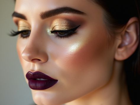 Shine with elegance in this side view featuring metallic gold eyeshadow and dark eyeliner. Deep plum lips complement the dramatic eye makeup, while the lighting highlights the shimmer on her eyelids and the richness of her lips. Perfect for those wanting a sophisticated evening look. Pink And Gold Makeup, Cabaret Makeup, Makeup Metallic, Dark Eyeliner, Plum Lip, Copper Eyeshadow, Plum Lips, Dramatic Eye Makeup, Smoky Eyes