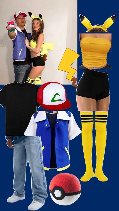 Pokemon Couples Costume, Pikachu And Ash Costume, Ash And Pikachu Costume, Pokemon Trainer Costume, Ash Costume, Pikachu Costume, Pokemon Couples, Couples Costume, Couples Halloween Outfits