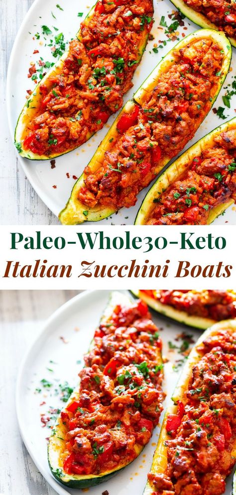 Italian Zucchini Boats, Paleo Zucchini Recipes, Italian Zucchini, Paleo Running Momma, Paleo Zucchini, Paleo Meal Prep, Fun Dinner, Whole30 Keto, Whole30 Dinners