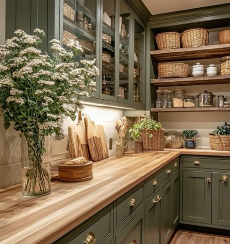 Hickory Cabinets Butcher Block Counter, Cottagecore Interior Design Kitchen, White Uppers Green Lowers, Wooden Kitchen Aesthetic, English Cottage Cabinets, Green Kitchen With Butcher Block Counter, Cottage Cabinets Kitchen, Green And Butcher Block Kitchen, Sage Cabinets Kitchen Butcher Blocks