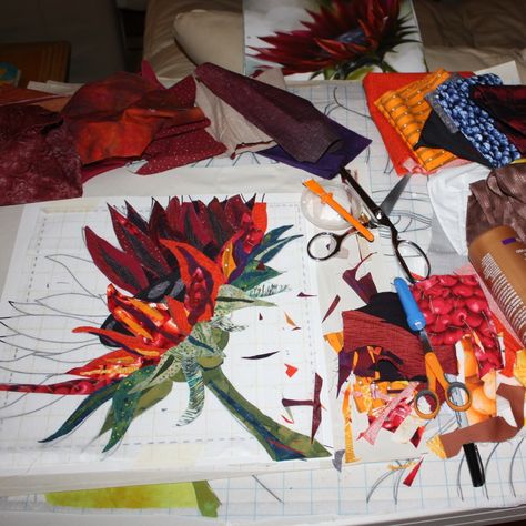 Workshop 2018: Jane Haworth | artisticalchemyblog Textile Art Techniques, Landscape Art Quilts, Landscape Quilt, Fiber Art Quilts, Collage Art Projects, Paper Collage Art, Flower Quilts, Landscape Quilts, Picture Quilts