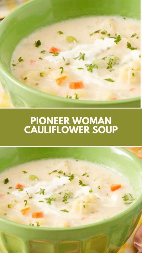 This easy Pioneer Woman Cauliflower Soup is a warm, creamy, and comforting meal that’s perfect for chilly days. Made with simple ingredients like cauliflower, milk, and broth, it’s a quick and nutritious soup anyone can make. Customize with fresh veggies or a dollop of sour cream for extra flavor and texture! Soup With Cauliflower In It, Cauliflower Soup Pioneer Woman, Taste Of Home Christmas Eve Cauliflower Soup, Pioneer Woman Cauliflower Soup, Cream Cauliflower Soup, Soup Base Recipe Simple, Easy Cream Soup Recipes, Cauliflower Vegetable Soup, Coliflower Recipes Soup