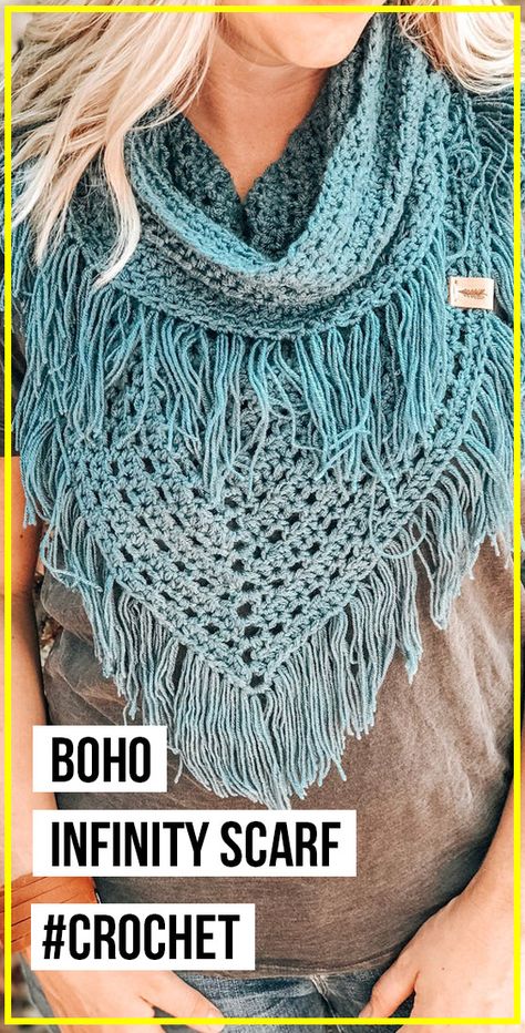 crochet Boho Infinity Scarf pattern - easy crochet scarf pattern via @shareapattern.com Crochet Boho Scarf Pattern Free, Crochet Western Patterns, Western Crochet Patterns, Crochet Boho Scarf, Boho Knitting Patterns, Bohemian Crochet Patterns, Western Crochet, Easy Crochet Scarf Pattern, Boho Knitting