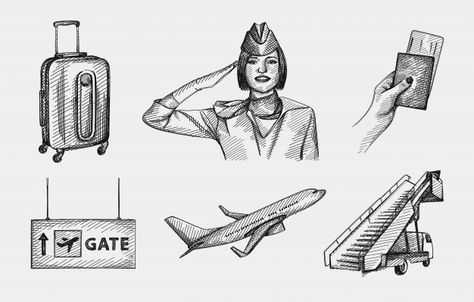 Flight Attendant Drawing Sketch, Flight Attendant Drawing, Symbol Drawing, Cloudy Weather, Airplane Window, Travel Icon, Classic Image, Travel Stickers, Man Standing