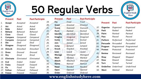 A regular verb is one that is conjugated in a traditional form. Here is most common 50 regular verbs in 50 Regular Verbs, 50 Irregular Verbs, Grammer Rules, Irregular Verbs Worksheet, Regular Verb, Japanese Verbs, Grammar Tenses, Verbs Worksheet, Verbs In English