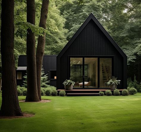 Black House In The Forest, Norwegian House Exterior Traditional, Landscaping Black House, Modern Swedish House, Black Interior Home, Forest House Aesthetic, Black Log Cabin, Modern Log House, Backyard Deck Ideas