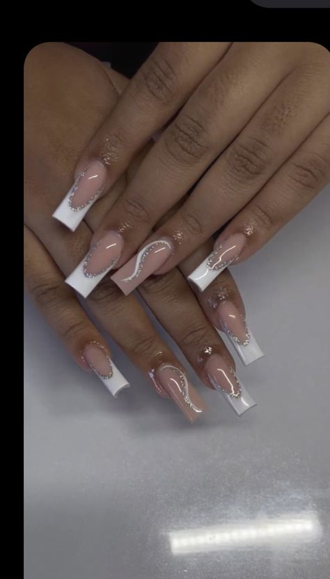 Deep French Tip Nails With Diamonds, White Nail Ideas Medium Length, White Sparkle French Tip Nails Coffin, French Tip Acrylic Nails With Silver, French Tip Glam Nails, Creative White French Tip Nails, Cute White Nails For Graduation, Nail Inspo White French Tip With Design, White Tips Nails With Design