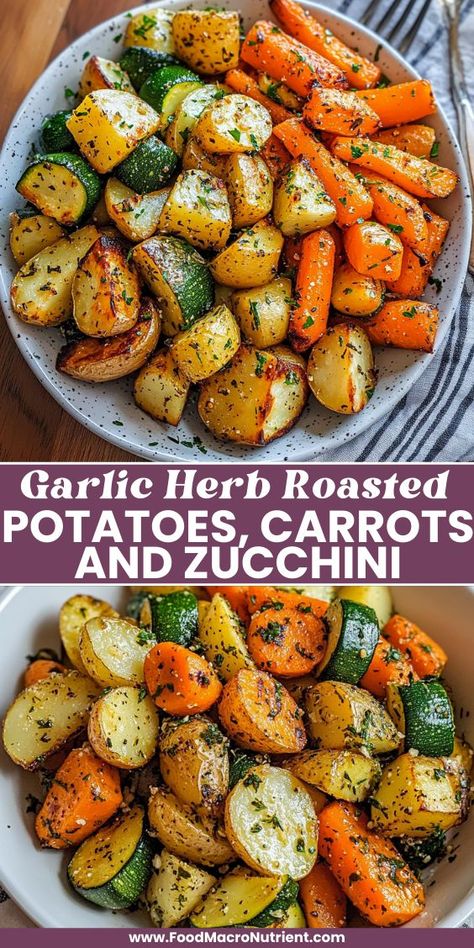 Elevate your veggie game with this vibrant mix of garlic-infused roasted potatoes, sweet carrots, and tender zucchini. Perfect as a side dish or a healthy main, this colorful medley brings flavor and nutrition to any meal! Veggie Medley Recipes, Roasted Veggie Medley, Roasted Potatoes Carrots, Sweet Carrots, Roasted Potatoes And Carrots, Zucchini Side Dishes, Paleo Side Dishes, Herb Roasted Potatoes, Vegetable Medley