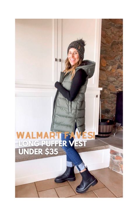 Navy Long Vest Outfit, Womens Long Puffer Vest Outfits, Longlined Puffer Vest, Womens Long Puffer Vest, Long Hooded Puffer Vest, Long Winter Vest Outfits For Women, Long Down Vest Outfit, Long Puffer Vest Outfit Winter, Outfits With Long Puffer Vests