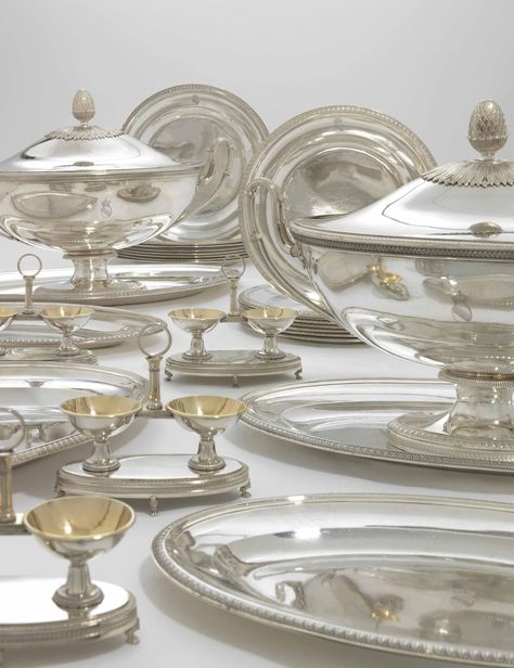 A French silver part dinner-service, with mark of Martin-Guillaume Biennais, Paris, 1798-1819, most pieces engraved with the arms of Baden below a Royal Crown. Comprising a pair of soup tureens, silver meat dishes, second-course dishes, silver dishes, and six salt cellars. Silver Service, Edith Wharton, Silver Tea Set, Luxury Tableware, Dinner Service, Silver Tea, Silver Flatware, Tea Service, Dinner Sets