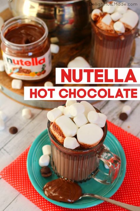 Nutella Hot Chocolate | The BEST Nutella Hot Chocolate Recipe! #nutellarecipe #nutellahotchocolate Nutella Hot Chocolate Crock Pot, Nutella Recipes Drinks, Christmas Party Drink Recipes, Nutella Hot Cocoa, Nutella Hot Chocolate Recipe, Hot Chocolate Toppings, Christmas Cookie Exchange Recipes, Nutella Hot Chocolate, Hot Chocolate Cocoa