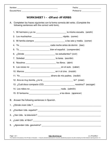 Spanish ER Ir Verb Worksheet Beginner Spanish Worksheets, Spanish Regular Verbs, Helping Verbs Worksheet, Spanish Verb Conjugation, Verb Practice, Learn Spanish Free, Verb Words, Spanish Classroom Activities, Learn Spanish Online