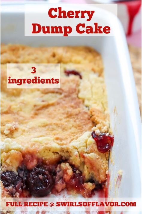 Cherry Dump Cake is the quick and delicious dessert you’ve been looking for. This fruit dessert recipe combines sweet cherry pie filling with a cake mix and melted butter. Dump cake recipe bakes inthe oven or in your slow cooker. 3 ingredient dessert recipe! Cherry Pie Cake Mix Recipe, Dump Cake Cherry Pie Filling, Cherry Pie Dump Cake Recipes, Canned Fruit Cake, Cherry Dump Cake With Pie Filling, 3 Ingredient Cherry Dump Cake, Lemon Cherry Dump Cake, Cherry Cheesecake Dump Cake Recipes, Cake Mix With Pie Filling Recipes