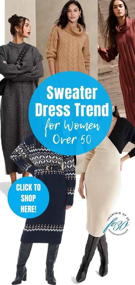 Here are your best options and how to style the sweater dress trend for women over 50. Beat the cold and still stay warm in a sweater dress. #sweaterdress #fashiontrends #wintertrends Cape Sweater Dress, Sweater Dresses With Leggings, Classy Sweater Dress Outfit, Long Sweater Dress Outfit Casual, How To Style Long Sweater Dress, Shoes To Wear With Sweater Dresses, Sweater Dresses Outfits, Styling A Sweater Dress, Long Sweater Dress Outfit Winter