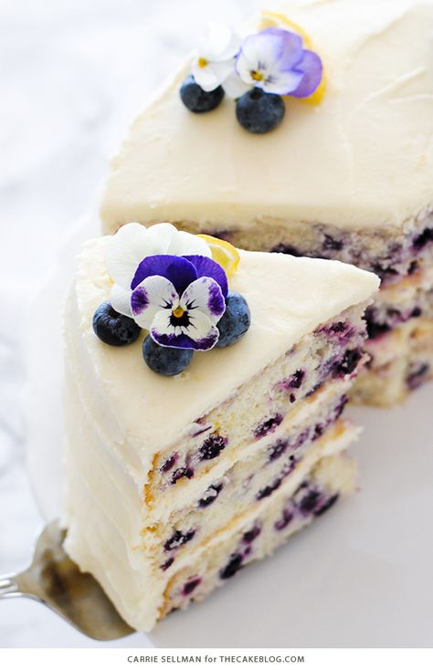 Lemon Blueberry Cake - lemon cake studded with wild blueberries, topped with lemon cream cheese frosting | by Carrie Sellman for TheCakeBlog.com Lemon Blueberry Cake, Kue Macaroon, Lemon Cream Cheese Frosting, Blueberry Lemon Cake, Layer Cake Recipes, Brownie Desserts, Cake Blog, Blueberry Cake, A Piece Of Cake