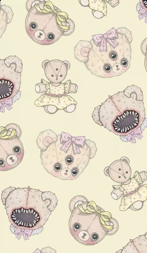 Kawaii Scary Wallpaper, Pink Creepy Wallpaper, Creepy Cute Wallpaper Iphone, Pastel Pink Cute Wallpaper, Cute Creepy Wallpaper, Cute Satanic Wallpaper, Pastel Goth Art Wallpaper, Creepy Cute Aesthetic Wallpaper, Dollcore Wallpaper