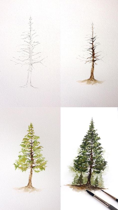 Pine Tree Drawing, Pine Tree Painting, Tree Artwork, Hur Man Målar, 수채화 그림, Watercolor Art Lessons, Diy Watercolor, Watercolor Trees, Tree Drawing