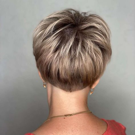 50 Short Hair Styles Over 50, Pixie Bob Back View, Brown Short Hairstyles, Short Hair Back View, Short Wedge Hairstyles, Short Stacked Hair, Layered Pixie Cut, December Hair, Short Hair Back