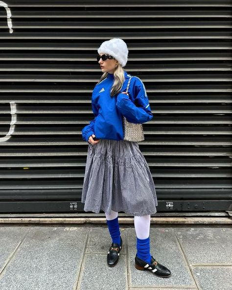 Camille Martinot Riga on Instagram: "★♡↻ my two personalities in one outfit please ★♡↻ ✨★🛼☆ sports princess ★🐬☆💪🏼" Sport Jacket Outfit Women, Colorful Socks Outfit Women, Color Socks Outfit, Blue Socks Outfit, Sport Jacket Outfit, Sports Socks Outfit, Blue Beanie Outfit, Pale Blue Outfit, Blue Jacket Outfits