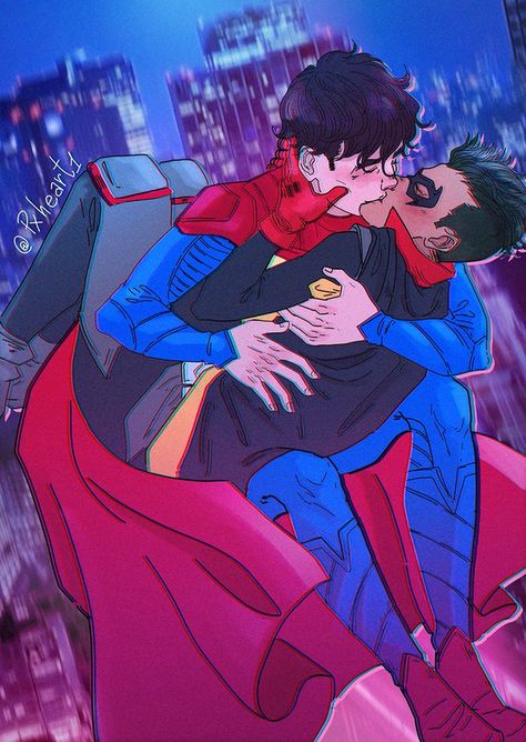 Jondami Kiss, Damian Wayne X Jon Kent Kiss, Jon X Damian Kiss, Superman X Batman, Superhero Family, Robin Comics, Batman Fan Art, Univers Dc, Batman Funny