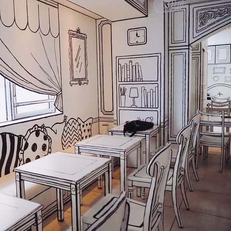 Tokyo's 2D Cafe Will Make You Feel Like You Stepped Into A Cartoon | Reckon Talk 2d Cafe, Monochrome Decor, Cafe Interior Design, Interior Design Art, Cafe Interior, Cafe Design, A Cartoon, Restaurant Design, 인테리어 디자인