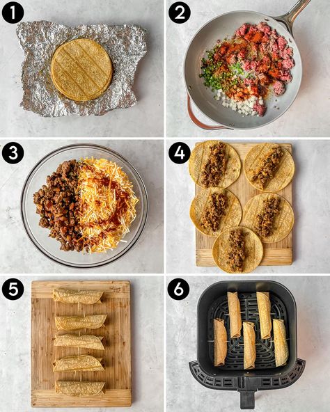 Healthy Beef Taquitos, Homemade Taquitos Beef Air Fryer, Air Fryer Beef Tacos, Beef Taquitos Recipe Air Fryer, Flautas In Air Fryer, Air Fry Taquitos, Air Fryer Taquitos Beef, Ground Beef Taquitos Air Fryer, Ground Beef Flautas Recipe