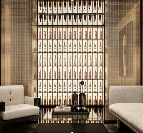 Wine Wall Display, Wine Cellar Wall, Glass Wine Cellar, Sake Bar, Modern Luxury Interior, Transitional Dining Room, Wine Cellar Design, Cellar Design, Wine Wall