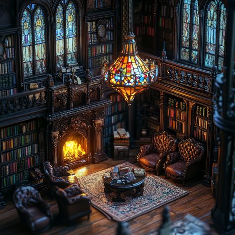 old gothic library, old books on all shelves, stained glass lamp, large velvet stuffed chairs Old Mansion Library, Victorian Gothic Library, Tudor Library, Library Gothic, Spooky Library, Gothic Library, Victorian Library, Stained Glass Lamp, Lamp Large