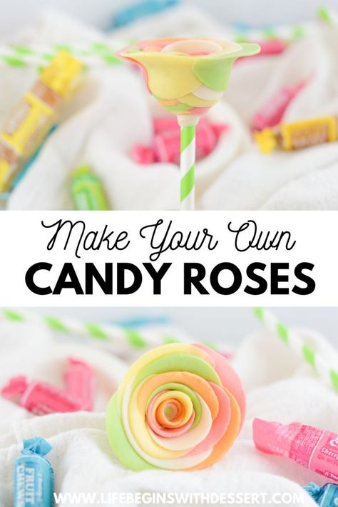 These adorable diy candy roses are so easy to make! All you need are some rainbow tootsie rolls, a rolling pin, and some paper straws. These candy flowers make a great valentine's day gift or birthday treat. Enjoy these easy candy flowers today! #dessert #easydessert #valentinesday Food Craft Ideas, Make Your Own Candy, Tootsie Rolls, Candy Kabobs, Easy Candy, Fruit Chews, Candy Roses, Laffy Taffy, Birthday Party Treats