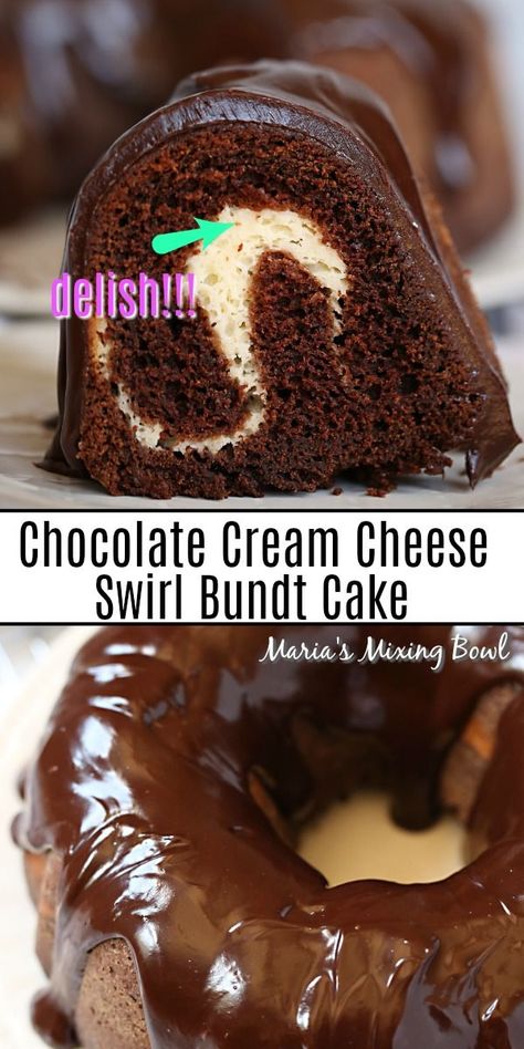 Chocolate Cream Cheese Swirl Bundt Cake will have you forgetting about any other dessert.A moist, chocolate bundt cake covered in a rich chocolate ganache with a luscious cream cheese swirl hiding inside. #chocolatecake #creamcheeseswirlcake #bundtcake #dessert #chocolateganache Chocolate Cream Cheese Bundt Cake, Moist Chocolate Bundt Cake, Swirl Bundt Cake, Cream Cheese Bundt Cake, Cream Cheese Swirl, Chocolate Bundt, Swirl Cake, Chocolate Bundt Cake, Chocolate Cream Cheese