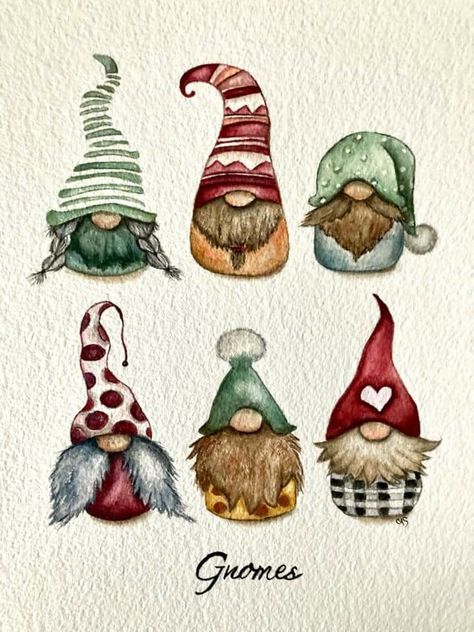 Watercolor Christmas Knomes, Watercolour Gnomes, Cotton Wreaths, Painted Gnomes, Xmas Watercolor, Christmas Knomes, Winter Graphics, Watercolor Christmas Cards Diy, Flowers House