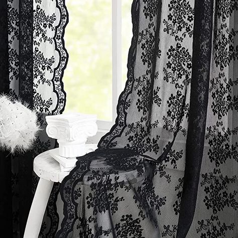 Amazon.com: Black Lace Curtains 2 Panels -Vintage Floral Black Sheer Curtain Panels 63 inch Length Romantic Gothic Curtains for Bedroom Filtering Rod Pocket 52 x 63 Inch Black : Home & Kitchen Goth Curtains, Black Lace Curtains, Gothic Curtains, Living Room Victorian, Black Sheer Curtains, Living Room Halloween Decor, Lace Window Treatments, White Lace Curtains, Halloween Curtains