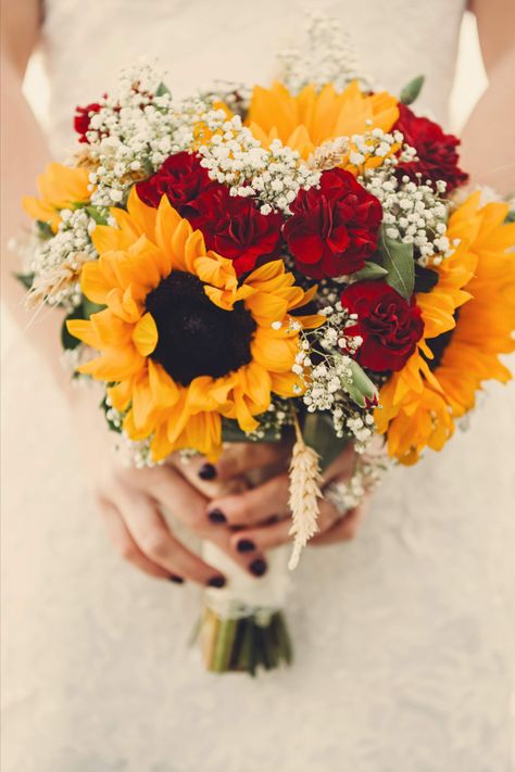 Sunflower Burgundy Bouquet, Red Roses Sunflowers Bouquet, Burgundy And Yellow Floral Arrangements, Red And White Roses With Sunflowers, Simple Fall Wedding Bouquets With Sunflowers, Bridal Bouquet Sunflowers And Roses, Wedding Bouquets Sunflowers And Roses, Wedding Ideas Sunflowers And Roses, Sunflowers And Red Roses Bouquet