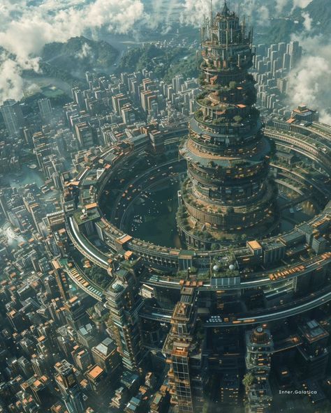 🌐The Moral Renaissance 🌿 On Terra Nova, the first distant Earth-like planet colonized by humans, a civilization flourished that rectified Earth’s historical mistakes. The inhabitants, inspired by philosophy and ethics, created a society centered on sustainability. The grand city of Solara is a marvel of green engineering, utilizing solar, wind, and tidal energies. Buildings integrate seamlessly with nature, covered in vegetation and self-sufficient in water and energy use. Education and comm... Cliff City, Jungle City, Mega Projects, Science Fiction Artwork, Terra Nova, My Fantasy World, Fantasy City, Fantasy Places, Futuristic City