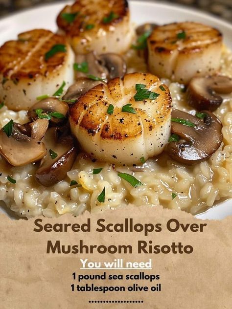 Louisiana Cajun Cooking And Recipes | Seared Scallops Over Mushroom Risotto | Facebook Scallop And Mushroom Risotto, Scallops And Risotto, Scallop Risotto Recipes, Creamy Mushroom Risotto, Seafood Delight, Mushroom Risotto Recipes, Pan Seared Scallops, Louisiana Cajun, Seared Scallops