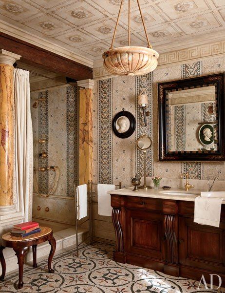 Ceiling. Otherwise too busy for my taste. Studio Peregalli Renovates the Sumptuous Villa Bucciol Studio Peregalli, Roman Bathroom, Italy Home, Italian Interior, Deco Retro, Roman Fashion, Traditional Bathroom, Classic Interior, Bathroom Styling