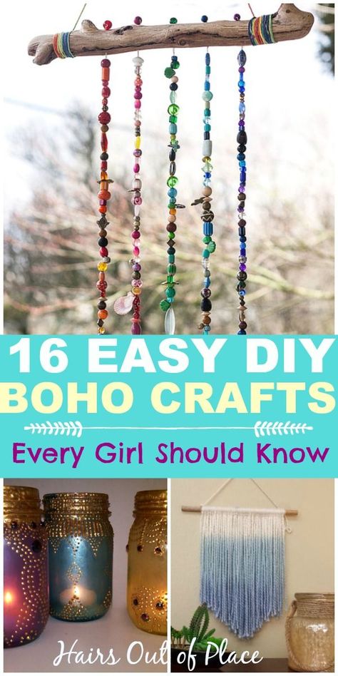 16 easy DIY boho crafts every girl should know about! DIY bohemian crafts are the perfect inexpensive way to decorate your bedroom, apartment or dorm. There's tons of ideas for macrame, wall hangings, candles, and so many more boho craft ideas! #boho #bohostyle #bohemian #diycrafts #bohocrafts #hippiegirl #bedrooms #dormrooms Diy Bohemian Decor Crafts Bedroom, Diy Simple Wall Art, Diy Boho Gifts, Boho Craft Room Ideas, Diy To Sell Ideas, Boho Diy Crafts, Boho Craft Ideas, Diy Boho Wall Hanging, Christmas Crafts To Sell Bazaars