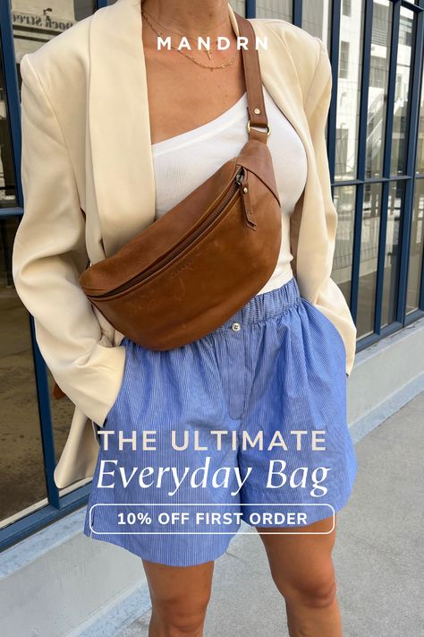 The ultimate everyday bag.  10% off first order at MANDRN.  Image shows stylish woman in a blazer and shorts wearing a fanny pack crossbody bag. Fl Outfits, Fanny Pack Outfit, Designer Fanny Pack, Leather Bum Bag, Crossbody Fanny Pack, Weekend Bags, Fashionable Bags, Thrift Inspo, Woven Leather Bag