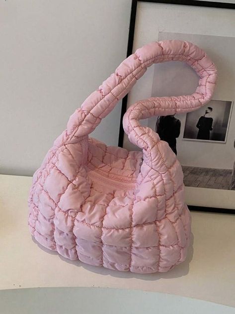 Puffy Quilted Shoulder Bag – Venus&Orion Pink Puffy Bag, Puffy Bag Outfit, Cross Body Bag Aesthetic, Puffy Tote Bags, Bd Gifts, Puffy Bags, Light Pink Bag, Small Laptops, Puffy Bag