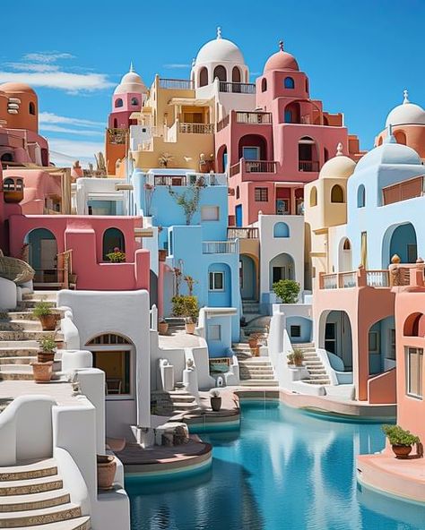 Sims Mediterranean House, Small Village, Mediterranean City, Mykonos Architecture, Santorini Greece Aesthetic, Mediterranean Village, Greece Buildings Architecture, Medieval Mediterranean Architecture, Mediterranean Town