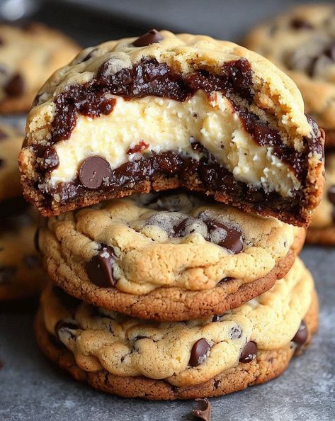 Indulge in bliss with our Cheesecake Stuffed Chocolate Chip Cookies! 🍪🍫 A decadent, delightful fusion dessert perfect for any sweet tooth. #Dessert #Baking #Cookies #Cheesecake #ChocolateChip Turtle Cheesecake Cookies, Cheesecake Chocolate Chip Cookies, Cheesecake Filled Cookies, Chocolate Stuffed Cookies, White Cheese Dip Recipe, Cookies Cheesecake, Blondies Cookies, Cheesecake Cookies Recipes, Magical Food