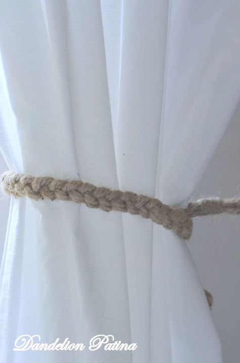 Braided Jute Curtain Tiebacks | Hometalk Rope Tie Backs, Black Wall Hooks, Nautical Curtains, Diy Nautical Decor, Rope Curtain, Manila Rope, Curtain Tie Back Hooks, Handmade Curtains, Nautical Vintage