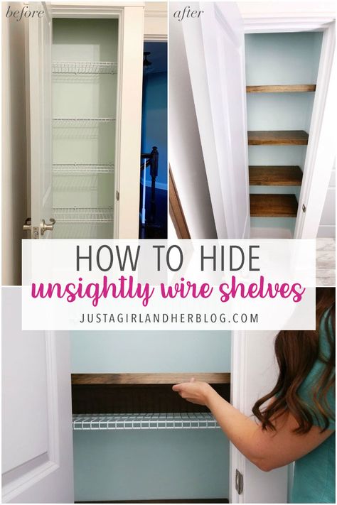 Learn how to hide wire shelving with these easy DIY wood faux floating shelves! | #wireshelves #diyshelves #woodshelves #floatingshelves How To Hide Shelves, Faux Shelves Diy, Small Pantry Wire Shelving Ideas, Floating Shelves Over Wire Shelves, How To Hide Storage Shelves, Hide Shelves Ideas, Hiding Wire Shelving, Wooden Shelves Over Wire Shelves, Faux Floating Shelves Over Wire